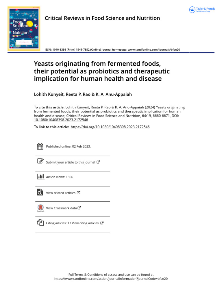 Yeasts Originating From Fermented Foods Their Potential As Probiotics ...