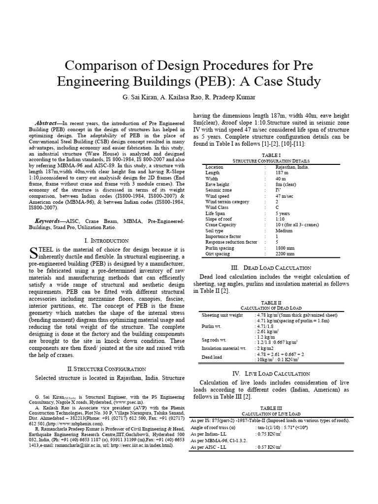 Comparison of Design Procedures For Pre Engineering Buildings PEB A ...