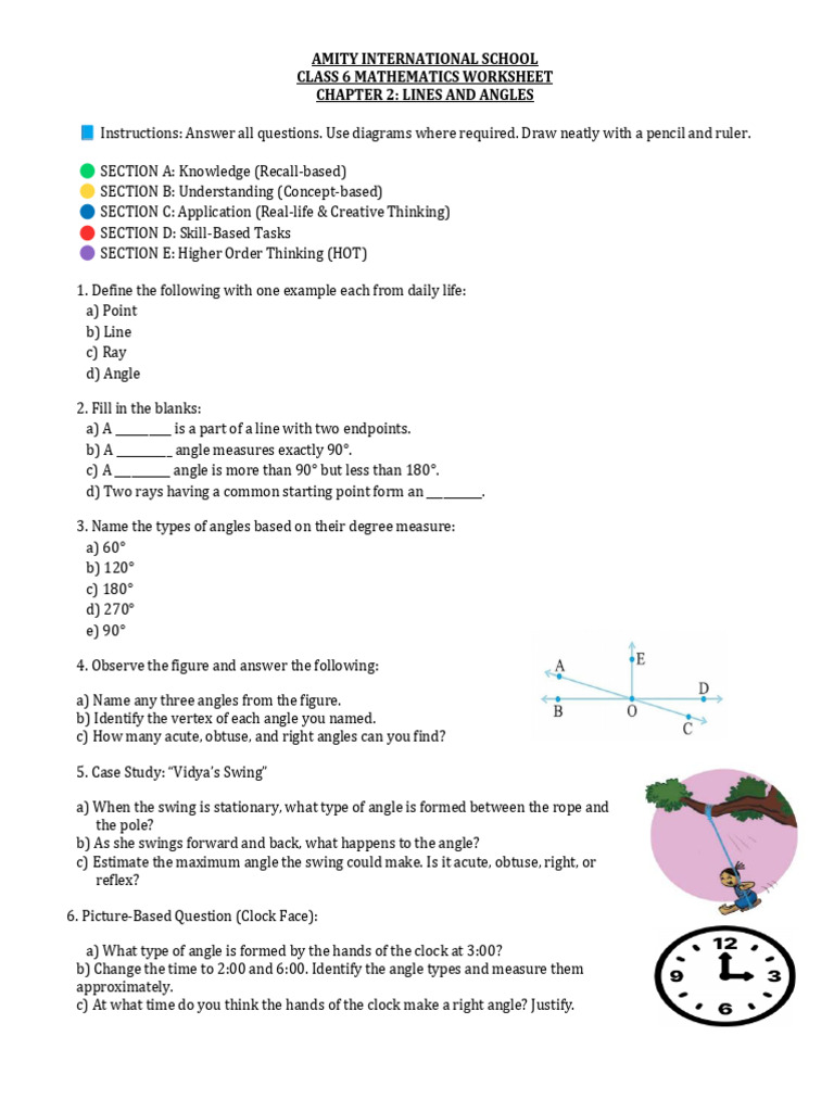 Class - 6 - Lines - and - Angles - Subjective Worksheet | PDF | Angle ...