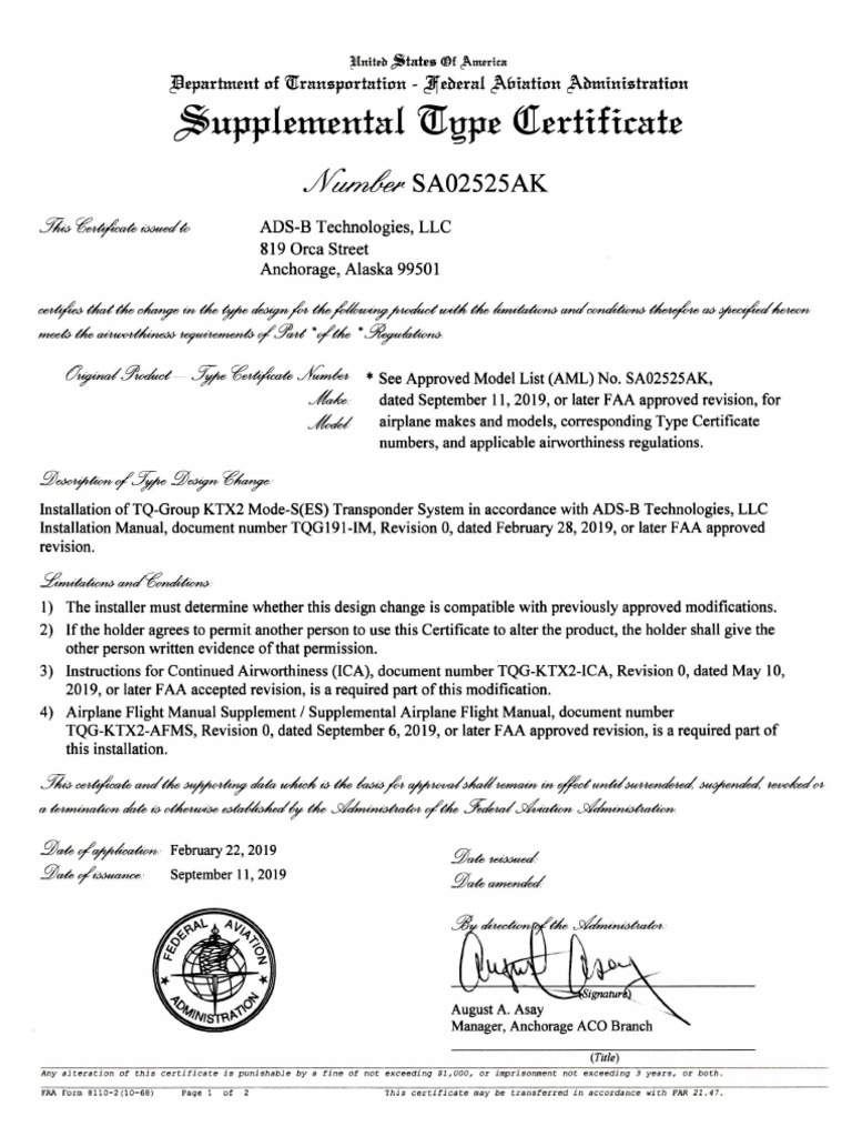 Sa02525ak Ktx2-s STC Certificate | PDF | Transport | Aviation