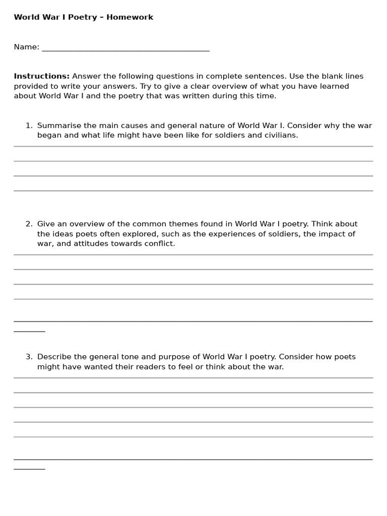 War Poetry Revision Homework | PDF
