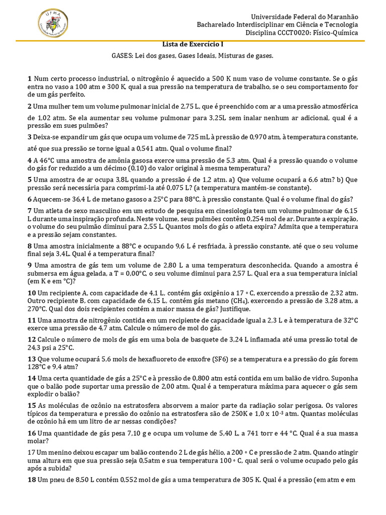 Lista de Exerccio - Estudo Dos Gases | PDF | Gases | Mol (unidade)