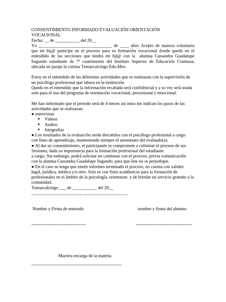Consentimiento Informado Evaluación Orientación | PDF