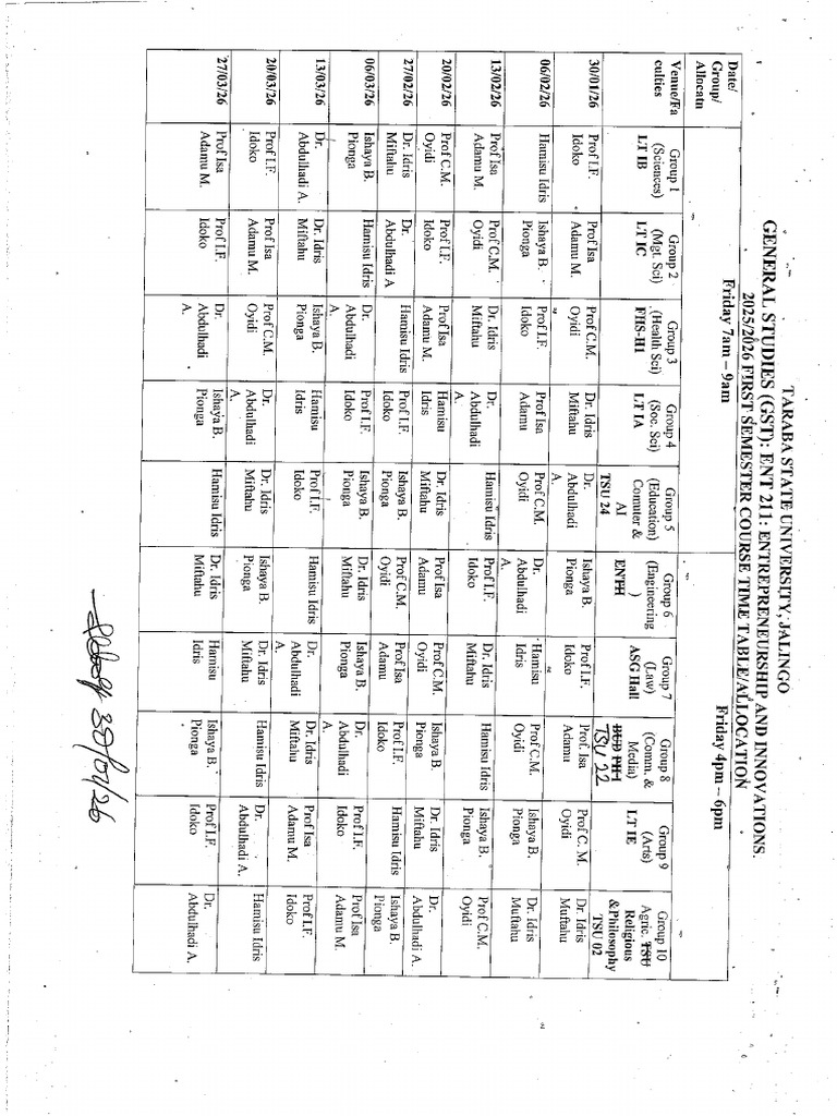 ENT 211 Schedule For First Semester 2025-2026 Session | PDF