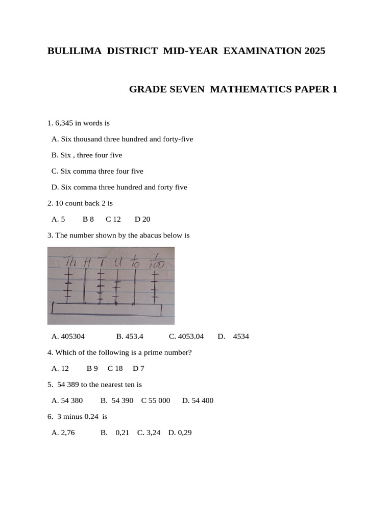 Grade 7 Maths Paper 1 2025 | PDF | Mathematics