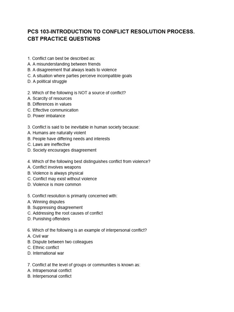Pcs 103 CBT Practice Questions | PDF | Conflict Resolution | Mediation