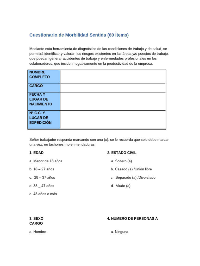Cuestionario Morbilidad Sentida 60 Preguntas | PDF | Medicina ...