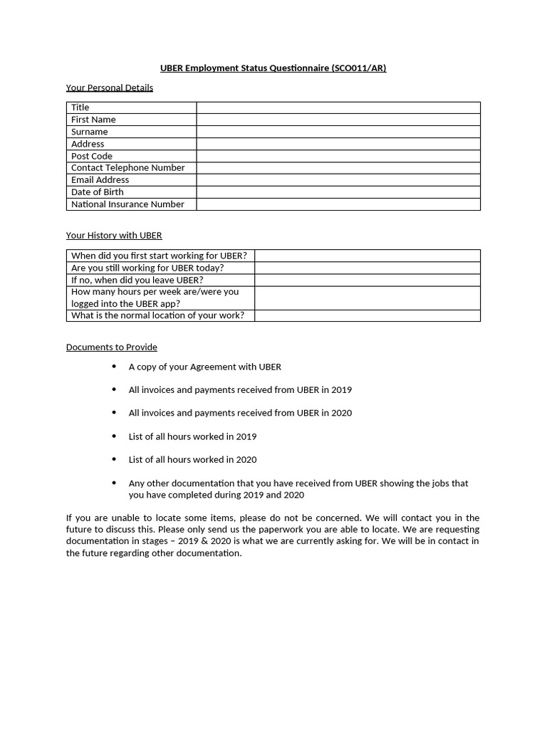 UBER Employment Status Questionnaire | PDF