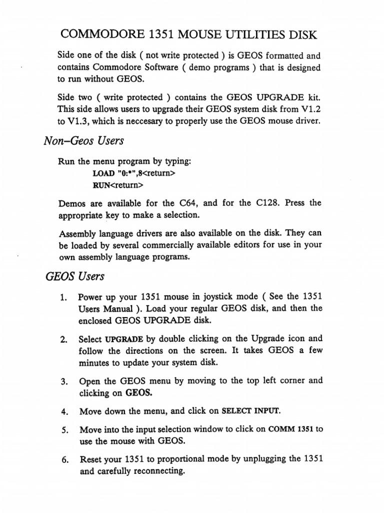 1351 Mouse Utility Disk Instructions | PDF | System Software | Computing