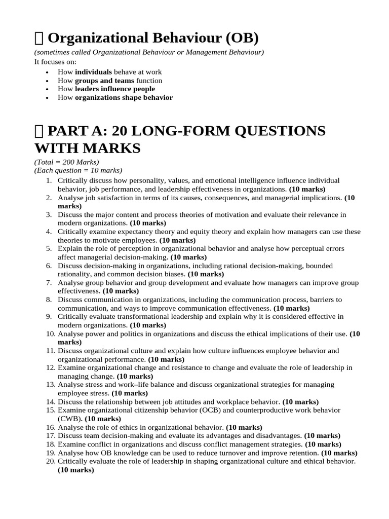 ? Organizational Behaviour Long Questions 2026 | PDF | Job Satisfaction ...