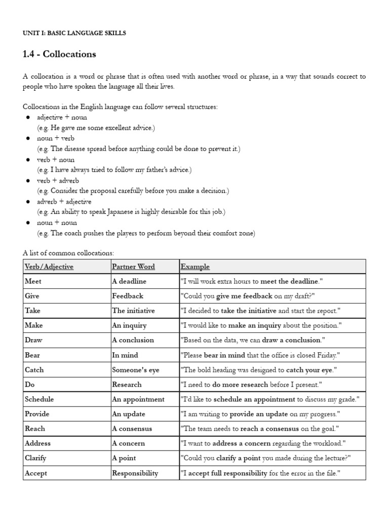Notes - 1.4 - Collocations | PDF | Adjective | Verb