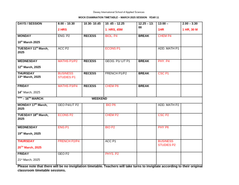 Mock Time Table March 2025 | PDF