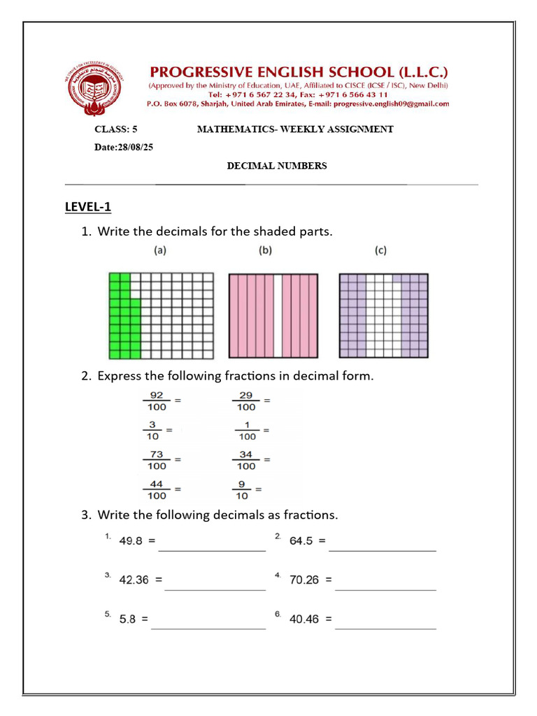 G 5 Weekly Assignment- Decimal Numbers | PDF