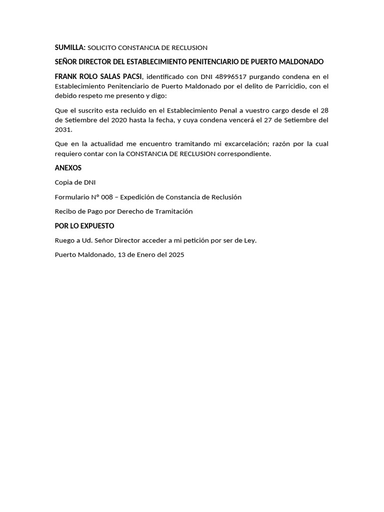 Solicito Constancia de Reclusion Frank Salas | PDF