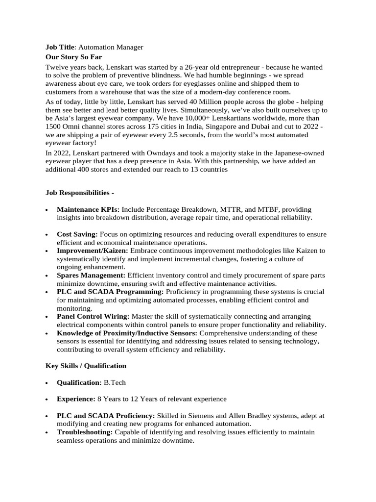JD - Automation Manager | PDF | Automation | Reliability Engineering