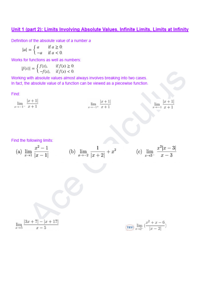 1.2 - Infinite Limits and Absolute Value | PDF | Asymptote | Function ...
