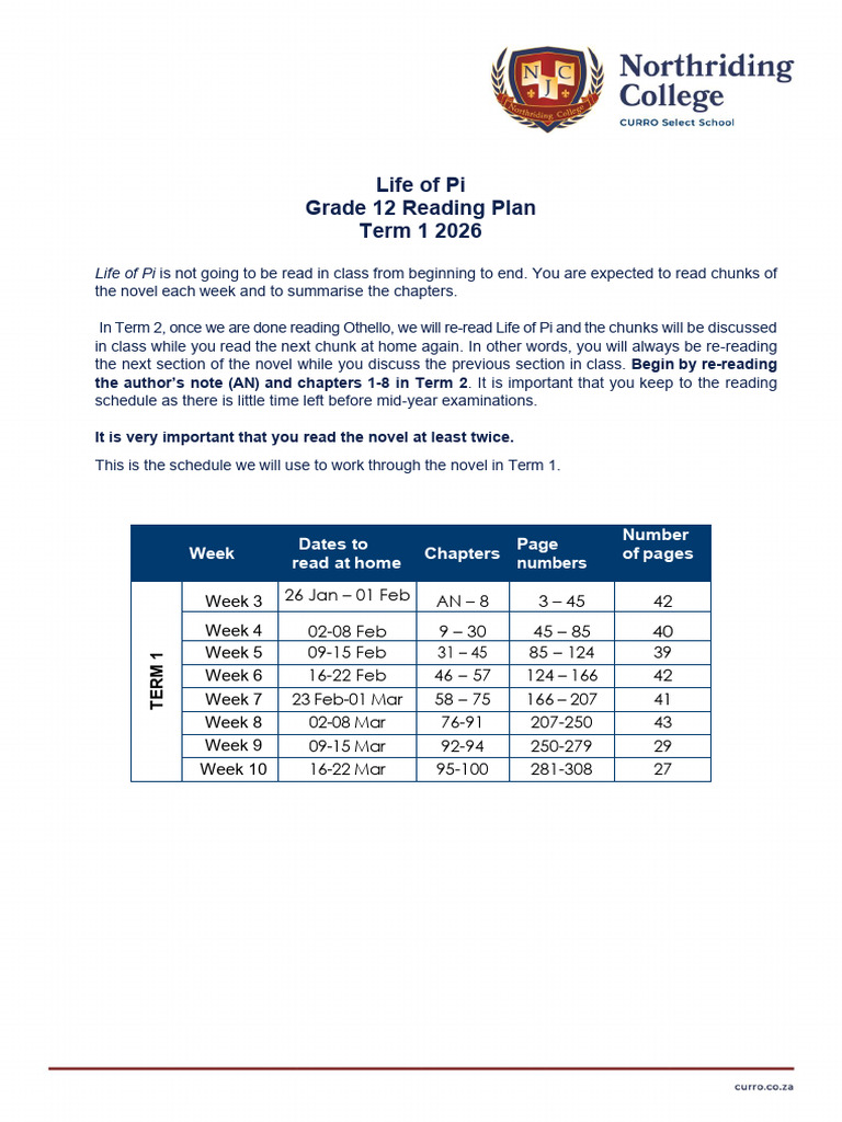 Life of Pi Reading Plan Term 1 | PDF