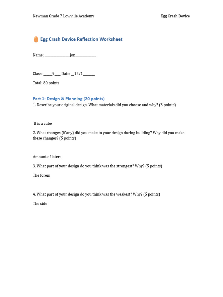 Jonathan LaJuett - Egg Crash Reflection Worksheet | PDF