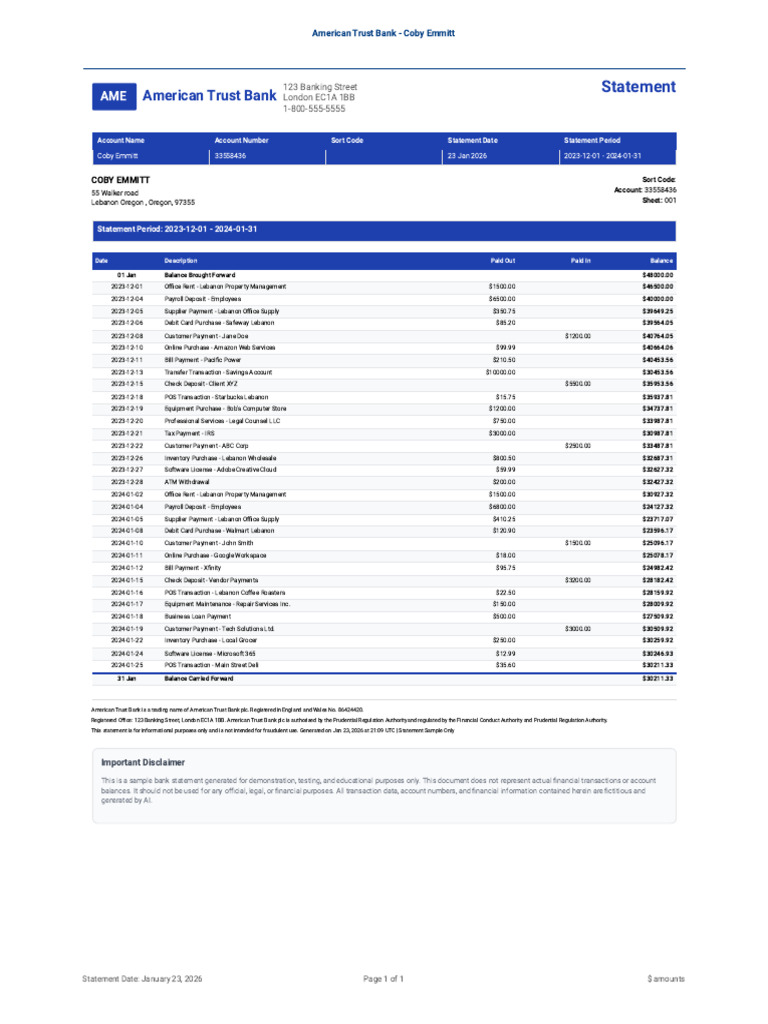 American Trust Bank - Bank Statement | PDF | Banks | Point Of Sale