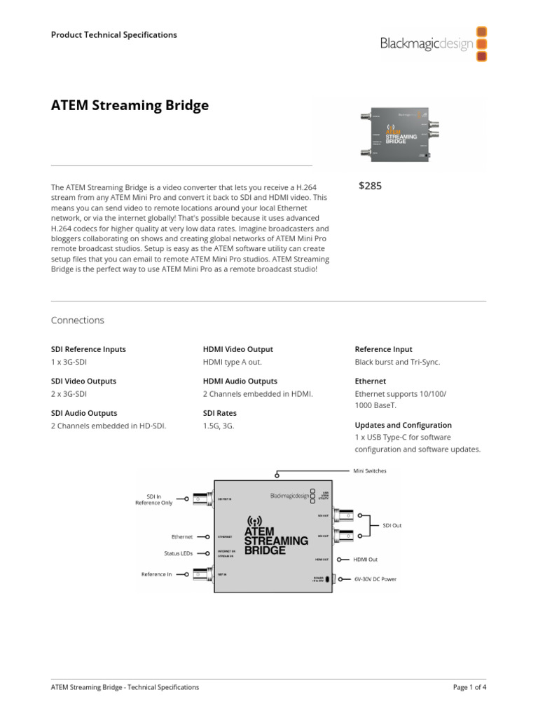 Atem Streaming Bridge Techspecs | PDF | Hdmi | Film And Video Technology
