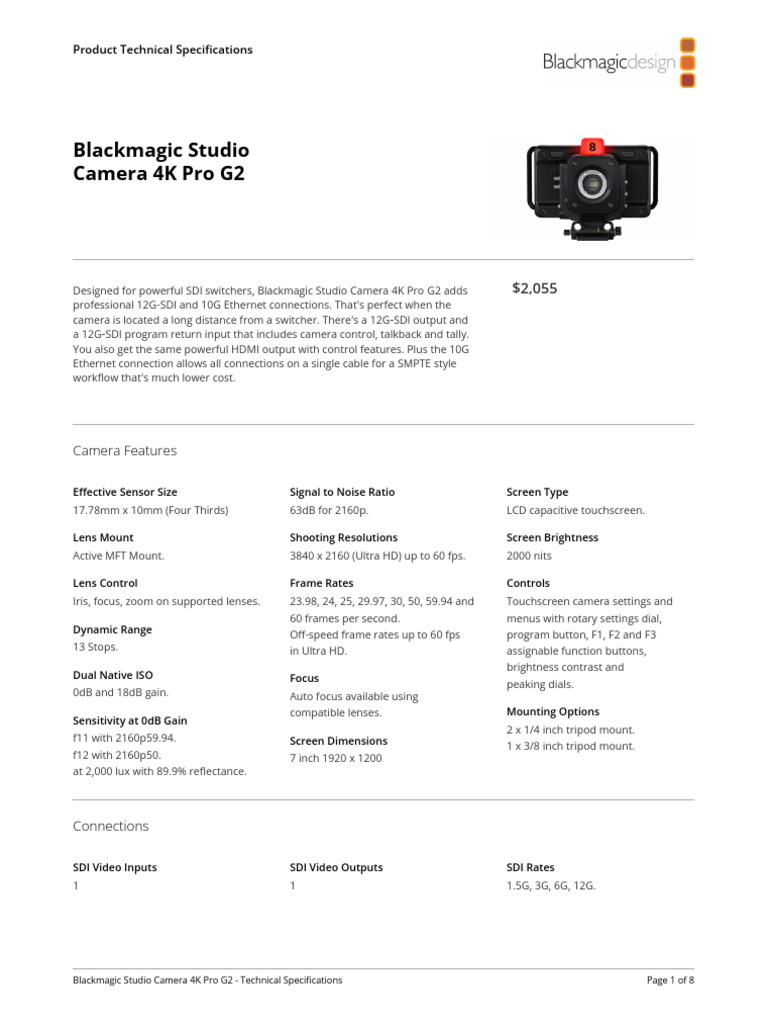 blackmagic-studio-camera-4k-pro-g2-techspecs | PDF | Hdmi | Usb
