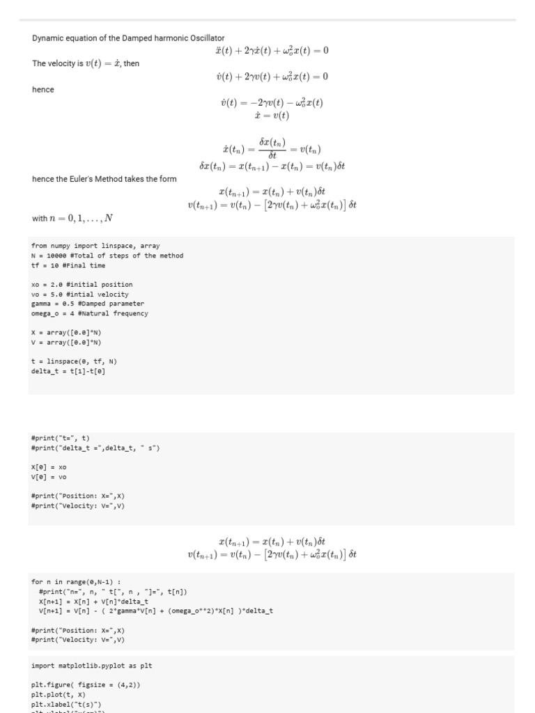 Damped Harmonic Oscillator Euler Method | PDF