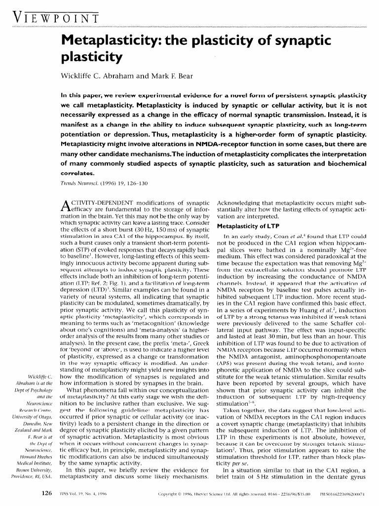 Abraham Und Bear - Metaplasticity The Plasticity of Synaptic Plasticity ...