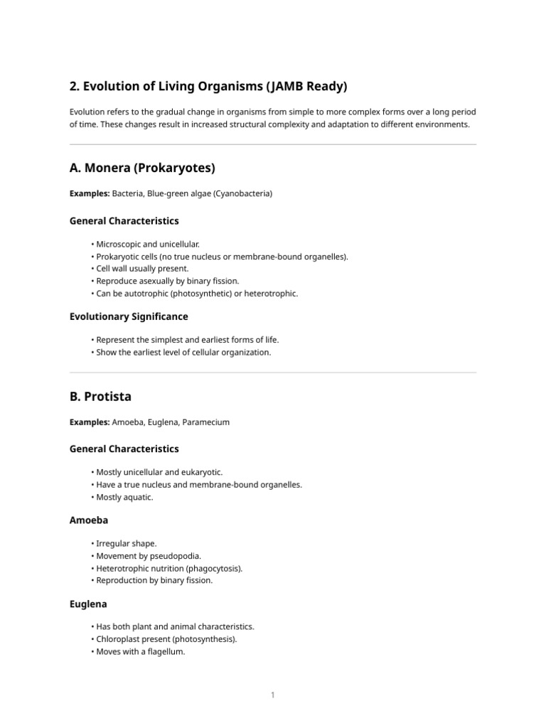 Evolution of Living Organisms - Jamb Ready Notes | PDF | Eukaryotes ...