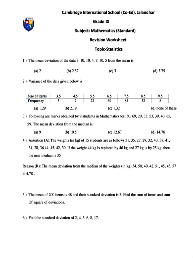 Resource 20260203163339 Worksheet Grade Xi Mathematics Statistics | PDF ...