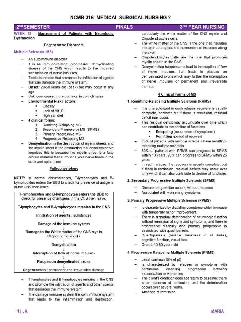 Medical Surgical Nursing 2 - Finals | PDF | Multiple Sclerosis | Myelin