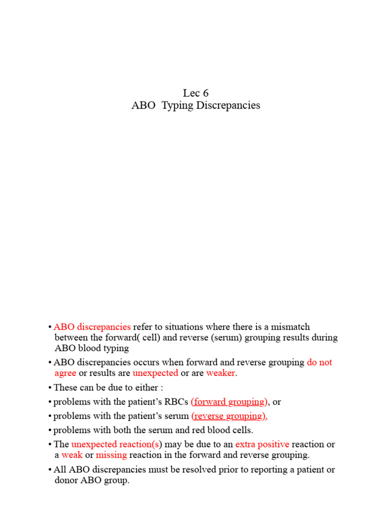 Lec 6 ABO Typing Discrepancies | PDF | Hematology | Medical Tests