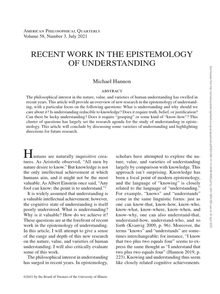 Recent Work in The Epistemology of Understanding | PDF | Epistemology ...