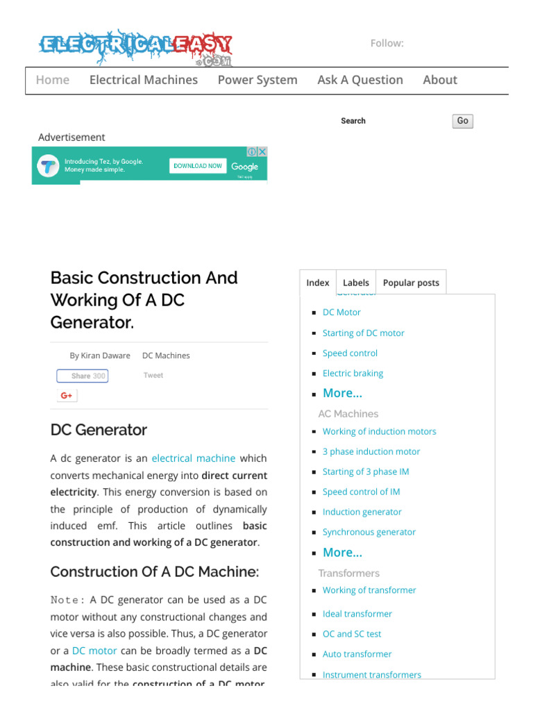 Basic Construction and Working of A DC Generator. | PDF ...