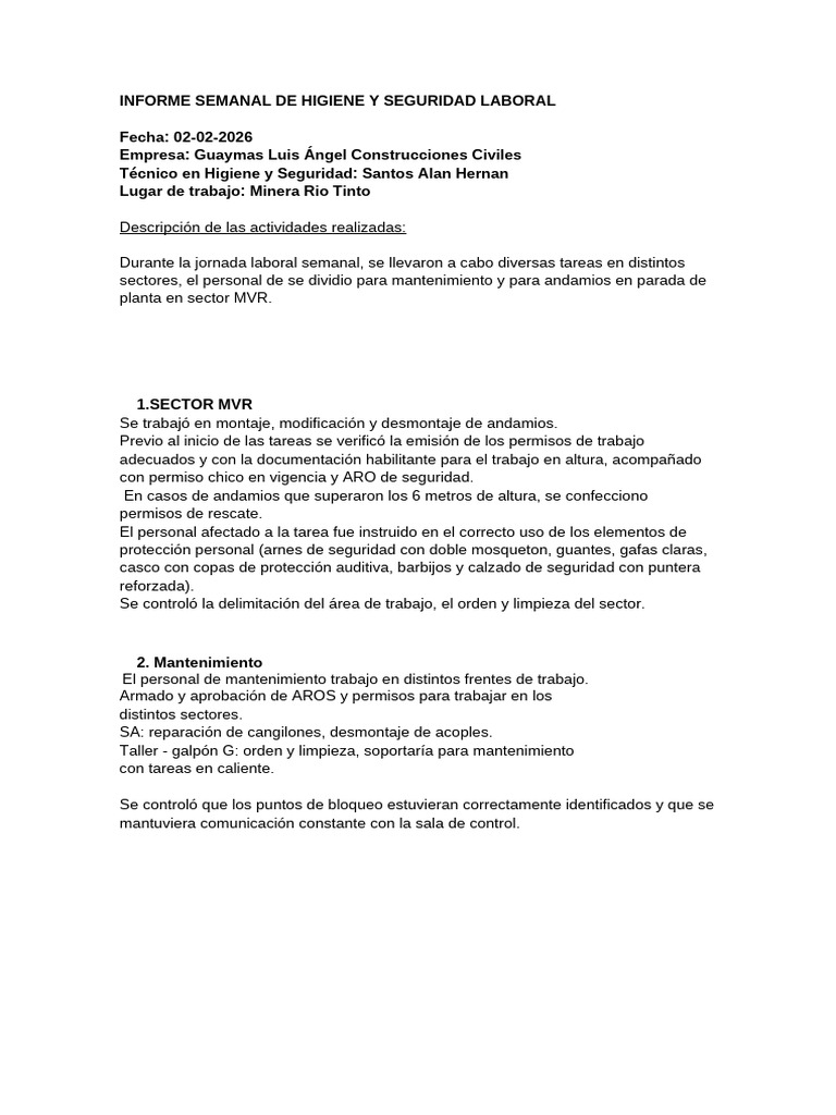 Informe Semanal de Higiene y Seguridad Laboral | PDF