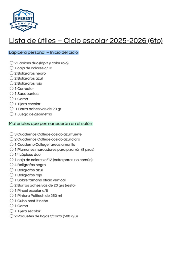 Lista de Útiles - Ciclo Escolar 2025-2026.20250815213742 | PDF