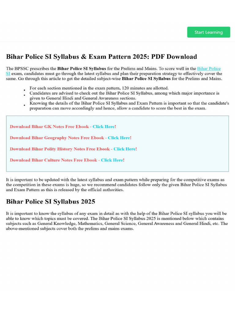Bihar Police SI Syllabus & Exam Pattern 2025_ PDF Download | PDF