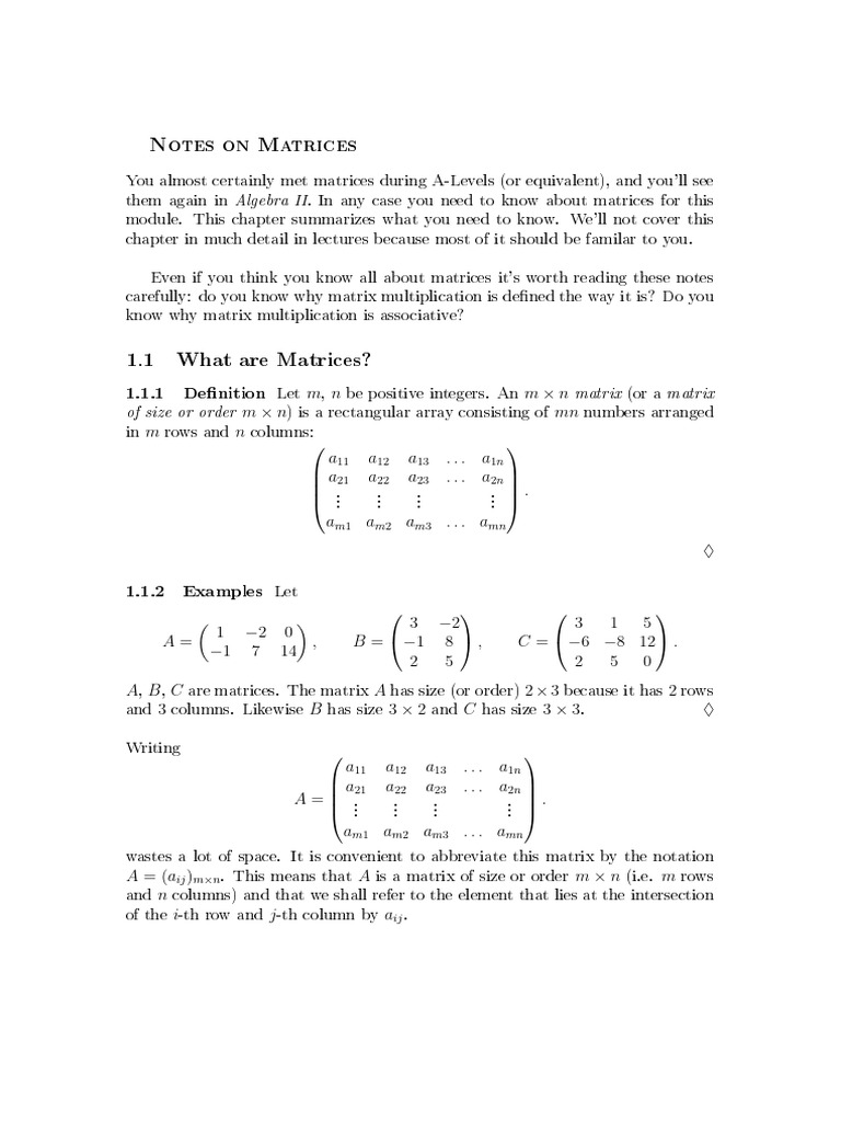 Notes on Matrices | PDF | Matrix (Mathematics) | Determinant