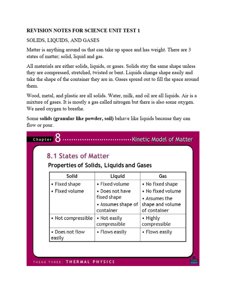 Revision Notes for Science Unit Test 1 | PDF | Liquids | Solubility