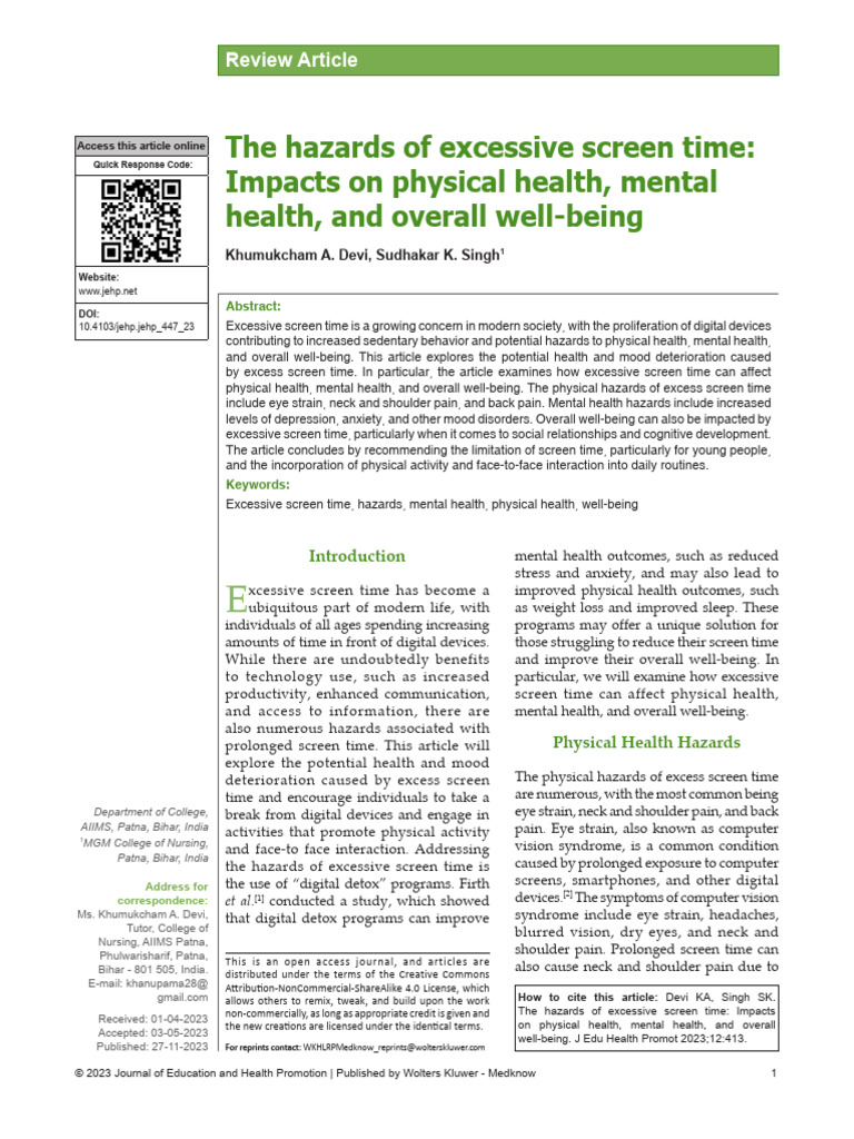 The Hazards of Excessive Screen Time Impacts On.413 | PDF | Mental ...