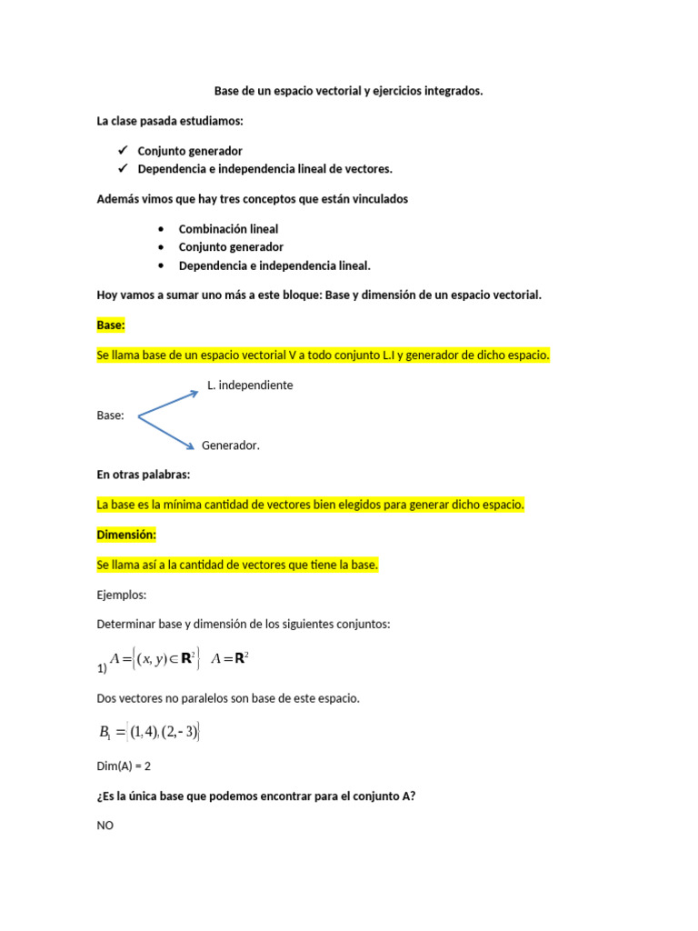 Clase Teórica Base de Un Espacio Vectorial y Ejercicios Integrados ...
