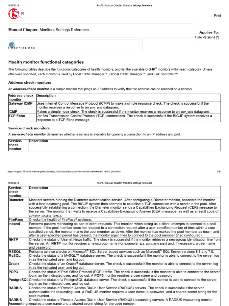 Monitors Settings Reference | PDF | Radius | Transmission Control Protocol