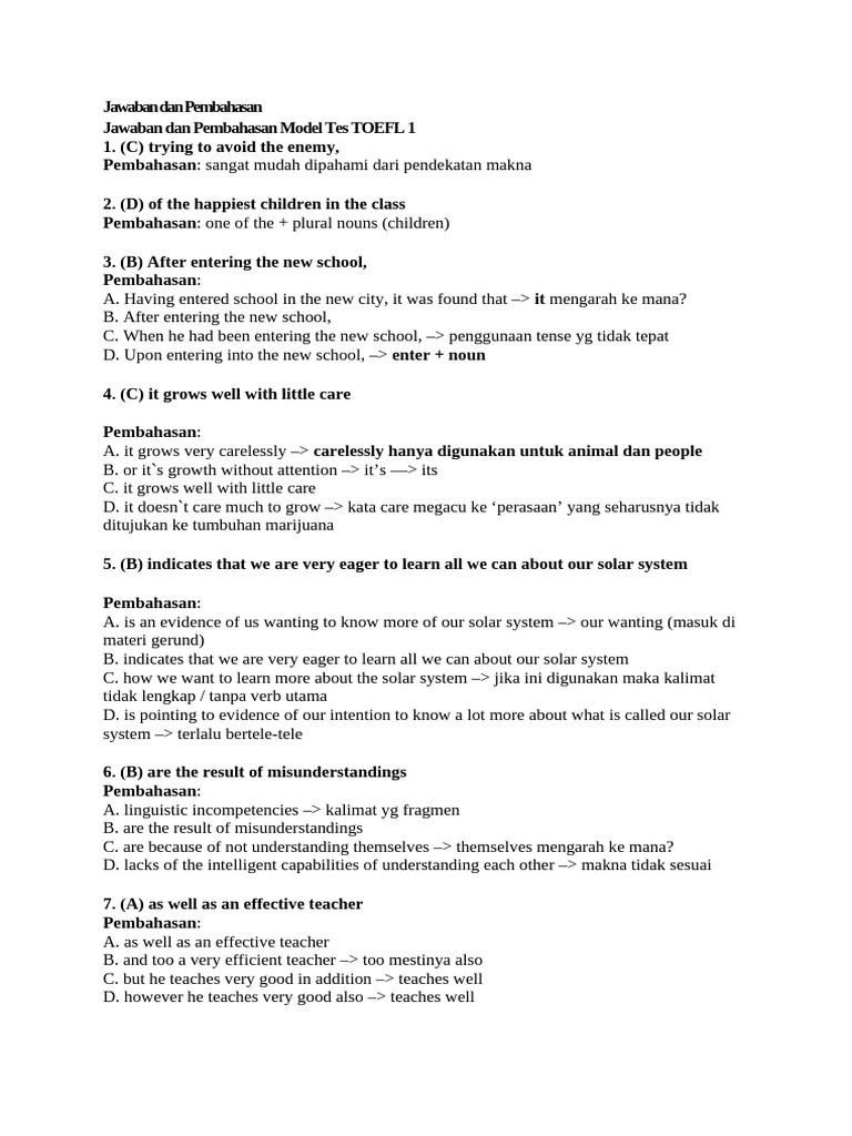 Kunci Jawaban Latihan Soal TOEFL Latihan1 S.D 3 | PDF | Adjective | Verb