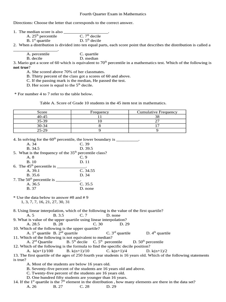 Fourth Quarter Exam in Mathematics 10, 2020 | PDF | Percentile | Quartile