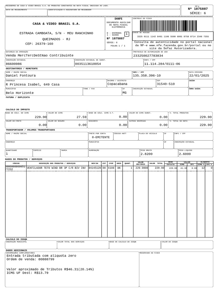 NFe 80888799 | PDF | Recibo | Impostos