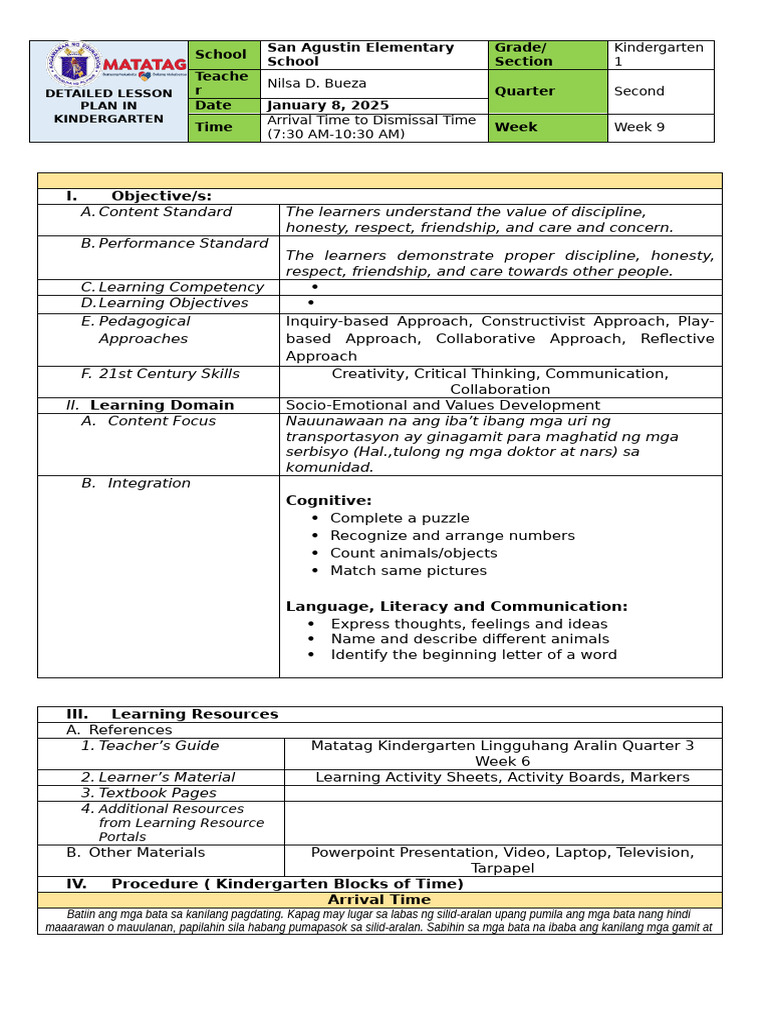 Detailed Lesson Plan in Kindergarten Coq2w9 | PDF | Learning | Kindergarten