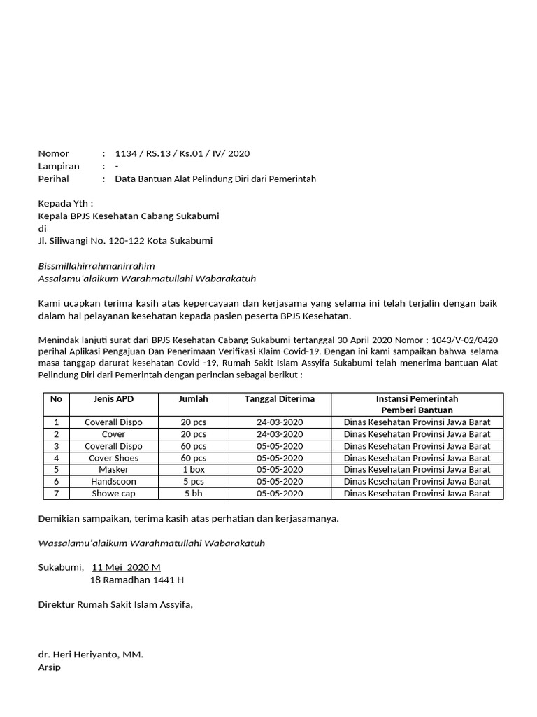 Surat Ke Bpjs Tentang Data APD Bantuan Pemerintah | PDF