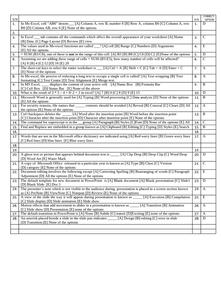 ANSWERS To Sample Questions | PDF | Microsoft Excel | Microsoft Power Point