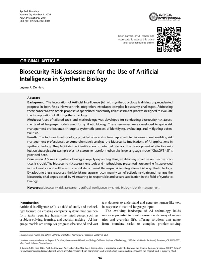 Biosecurity Risk Assessment For The Use of Artificial Intelligence in ...