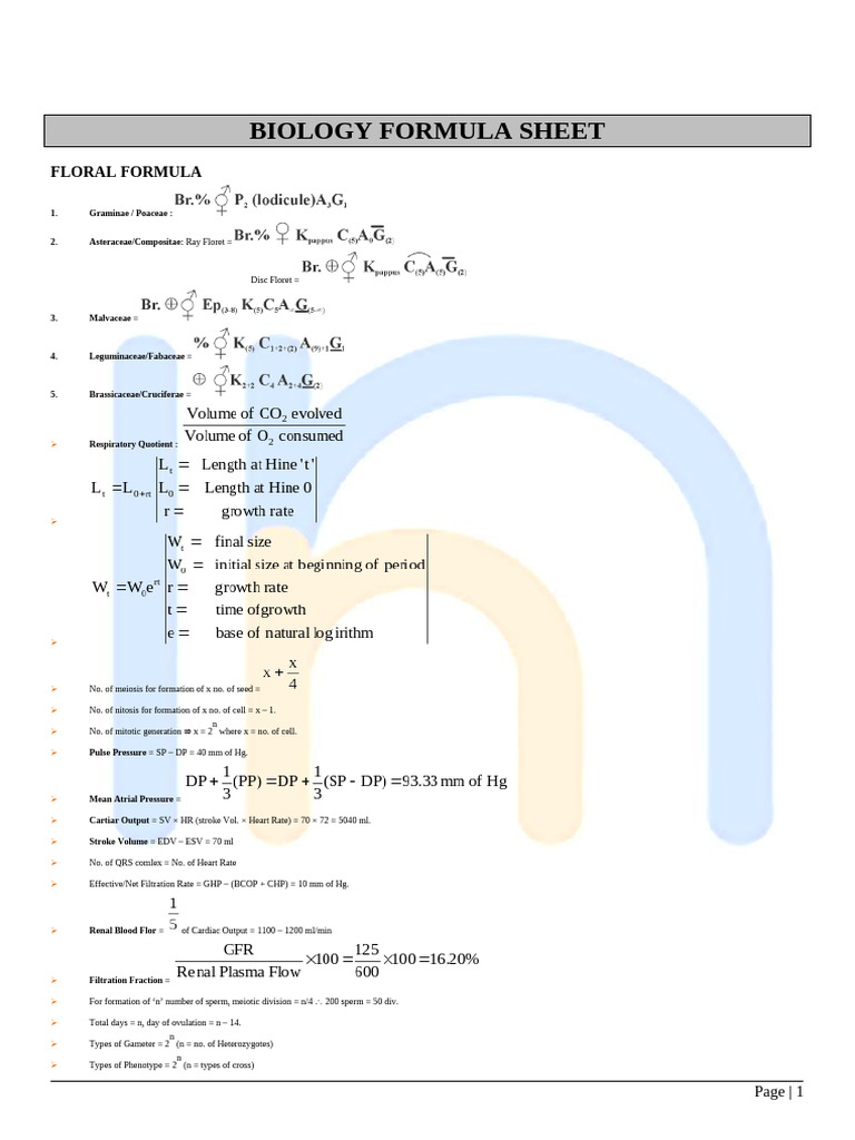 Biology Formula Sheet Summary of All The Formula Used in The Schools of ...