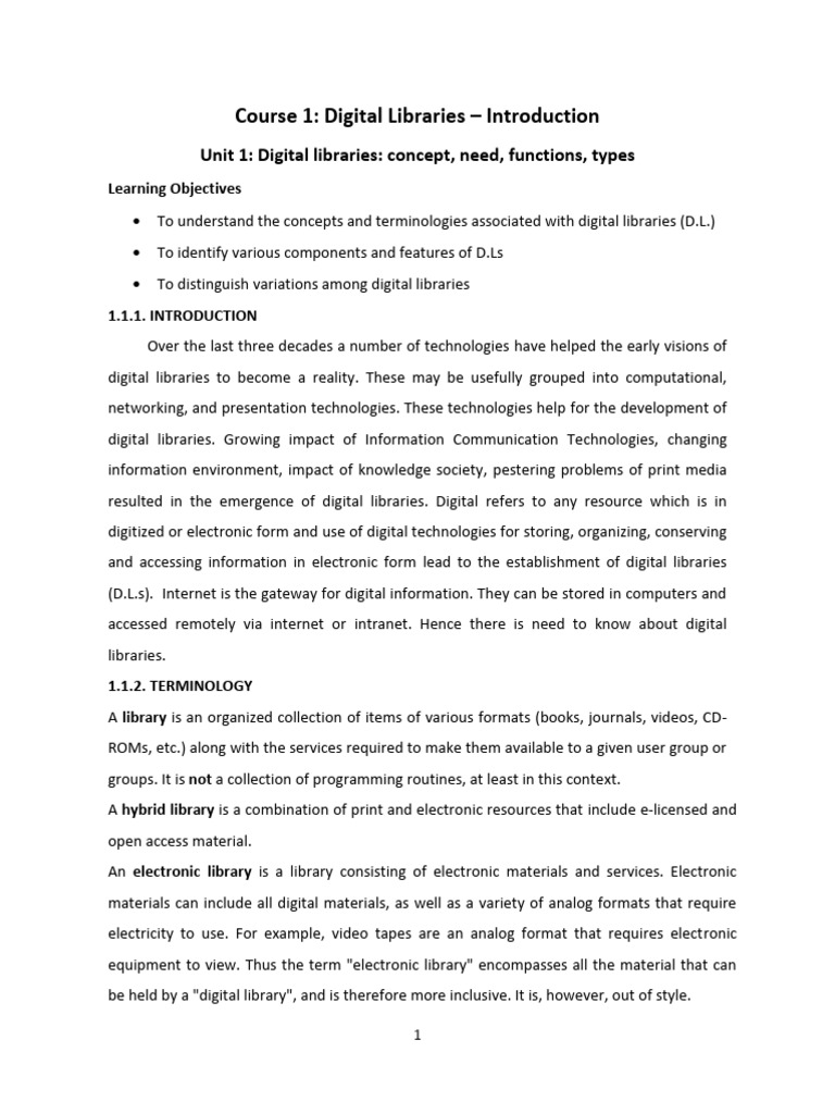 Unit 1 Digital libraries concept, need, functions, types | PDF ...